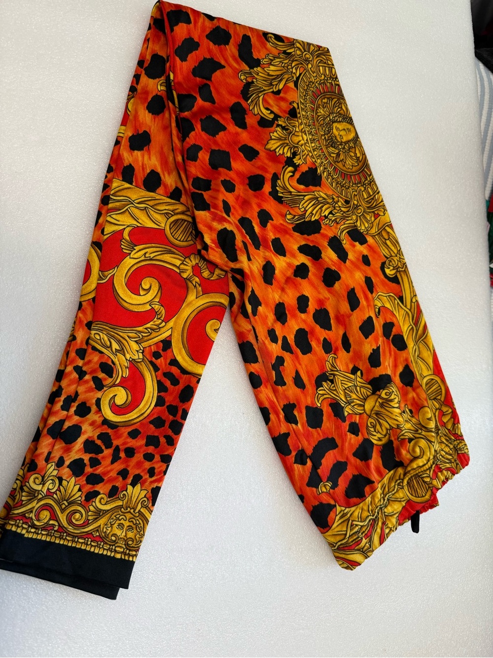 Versace Orange Leopard & Gold Baroque Straight-Leg Pants